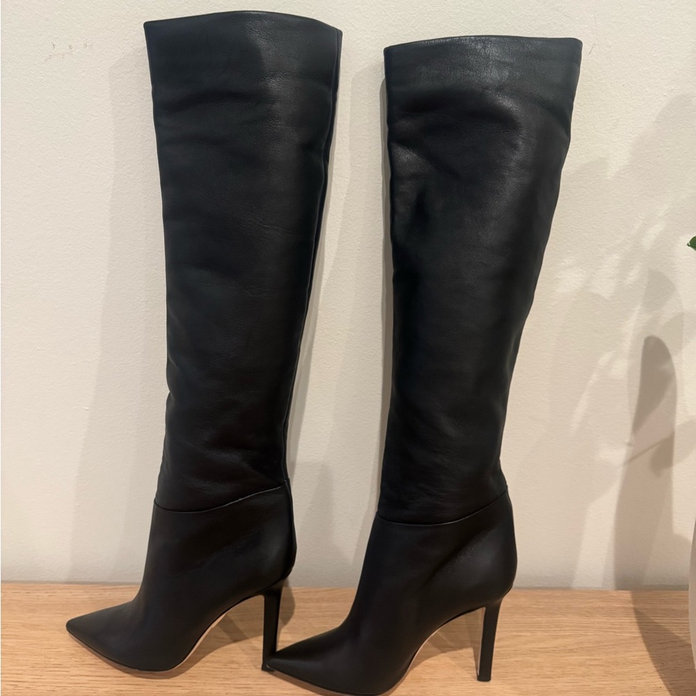 Tamara Mellon Black Leather Over-the-Knee Pointed-Stiletto Boots